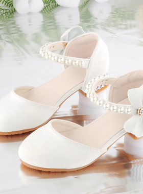 2023韩系白色小皮鞋女童晚礼服主持人儿童女鞋公主鞋洋气高跟鞋低