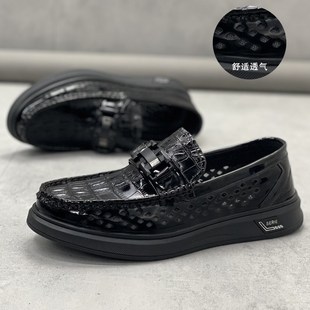 凉鞋 夏季 商务休闲透气亮面懒人打孔黑色真皮男士 漆皮镂空男鞋 新款