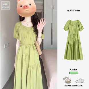 法式 a字气质高级感绿色森系连衣裙夏 复古温柔风收腰茶歇裙中长款