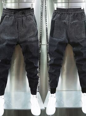 2022秋冬新款男渐变色休闲裤修身弹力束脚N牛仔裤条纹小脚哈伦长