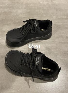 七七主人家 鞋子女加绒小黑鞋A秋冬季二棉鞋女保暖帆布鞋韩版板鞋