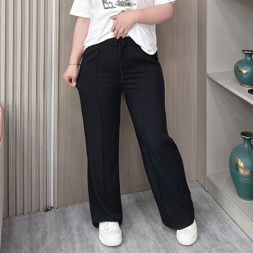 春夏新款大码休闲裤女胖mm宽松显瘦松紧高腰直筒垂感冰丝西装裤子