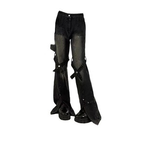 女装 百搭微喇叭裤 胖mm宽松显瘦美式 女新款 复古辣妹风牛仔裤 特大码