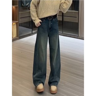 直筒弯刀裤 2024冬季 胖mm宽松显瘦窄版 女大码 加绒复古蓝阔腿牛仔裤