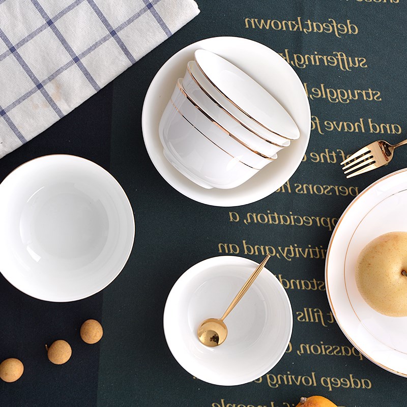 金边碗4.5英寸骨瓷碗米饭碗家用4个装陶瓷碗喇叭碗白瓷碗6寸面碗