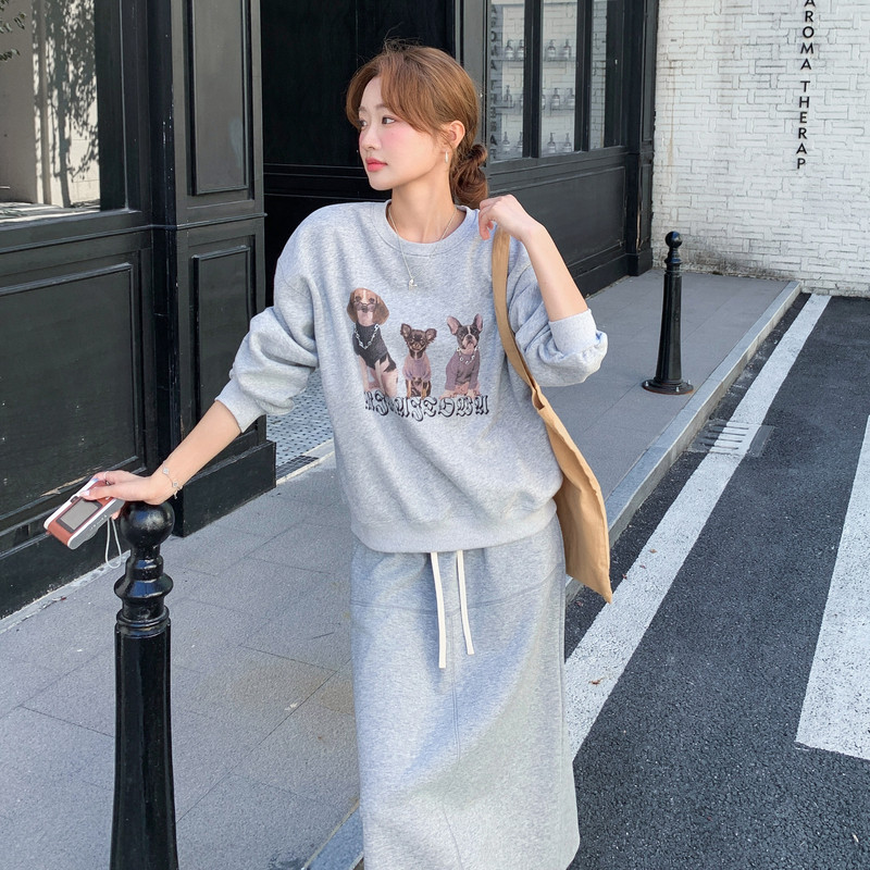 盐甜减龄小狗印花卫衣套装女2025春秋季新款休闲显瘦半身裙两件套,女装套装/套裙,浙宝201