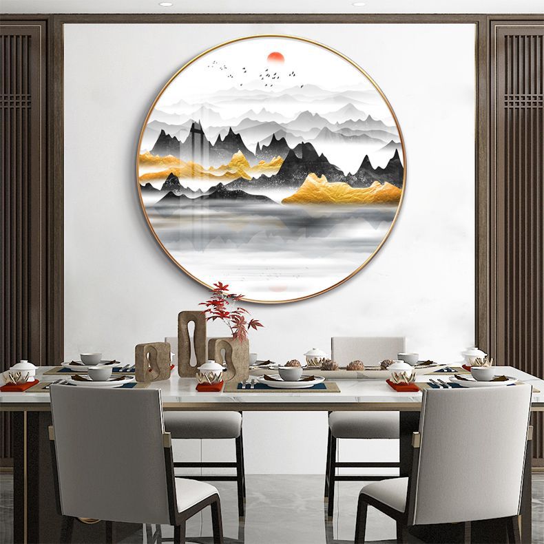 新中式水墨山水装饰画书房圆形挂画现代简约玄关晶瓷画书房餐厅画图片