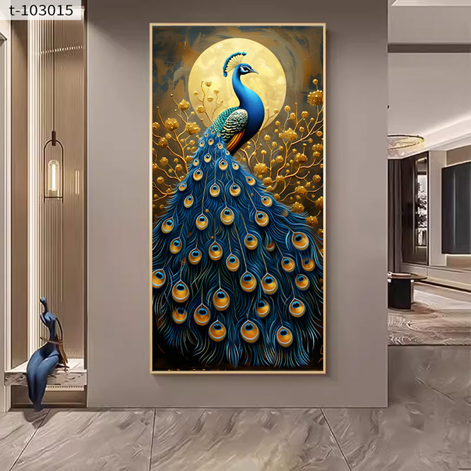孔雀玄关装饰画入户进门走廊背景墙挂画新中式山水竖版大气壁画图片