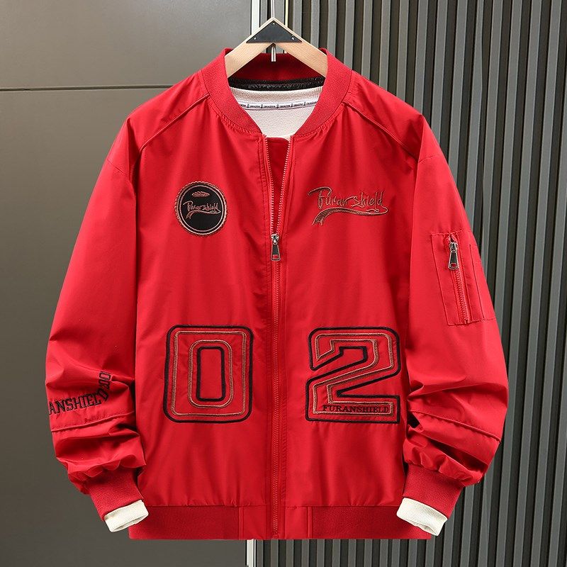 350斤大码新款春秋潮牌刺绣棒球外套男加肥加大机车宽松红色夹克,男装,大码上装,淘宝优惠券,粉丝福利购,淘宝优惠卷