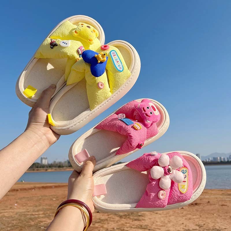 踩屎感厚底亚f麻拖鞋女四季室内居家防滑可爱卡通花朵凉拖鞋夏季