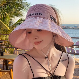 MM黑胶字母大檐帽女时尚空y顶帽加宽韩版沿防晒遮阳帽海边太阳帽