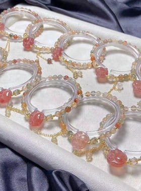 新款天然彩兔毛发晶草莓晶手串猫爪可爱小巧彩色水晶手链配饰