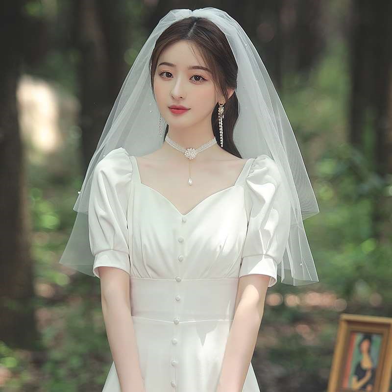 领证登记白色小头纱轻头饰高级感蓬蓬白J纱短求婚拍照道具网红法