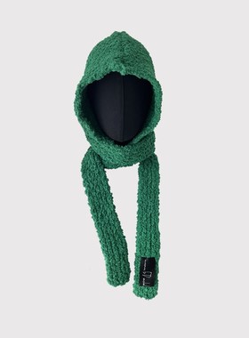 韩国绿色帽子围巾一体帽女冬季韩版学生时尚N简约布标百搭保暖围