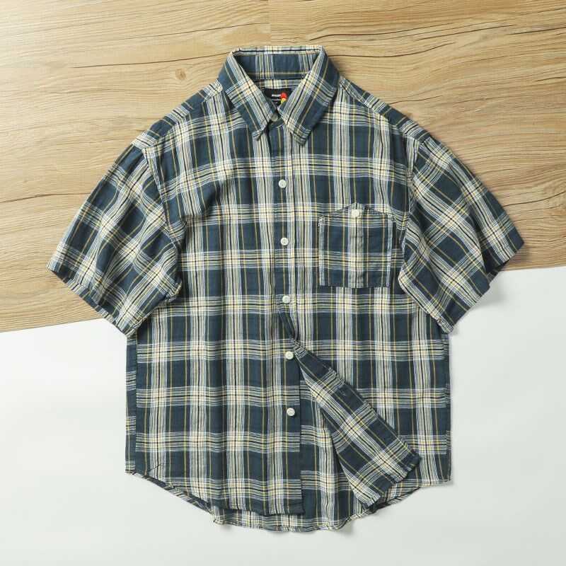 日系复古  色织全棉  小何自留  夏季男时尚格子工装休闲短袖衬衫