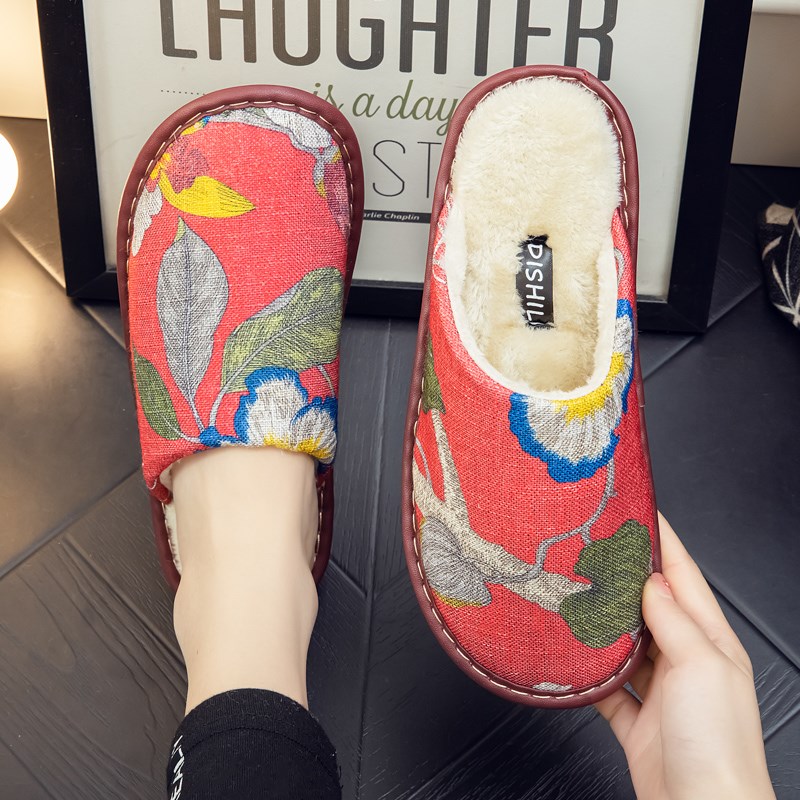 冬季中式印花牛h筋底棉拖鞋女居家情侣防滑防臭软底保暖家用棉拖