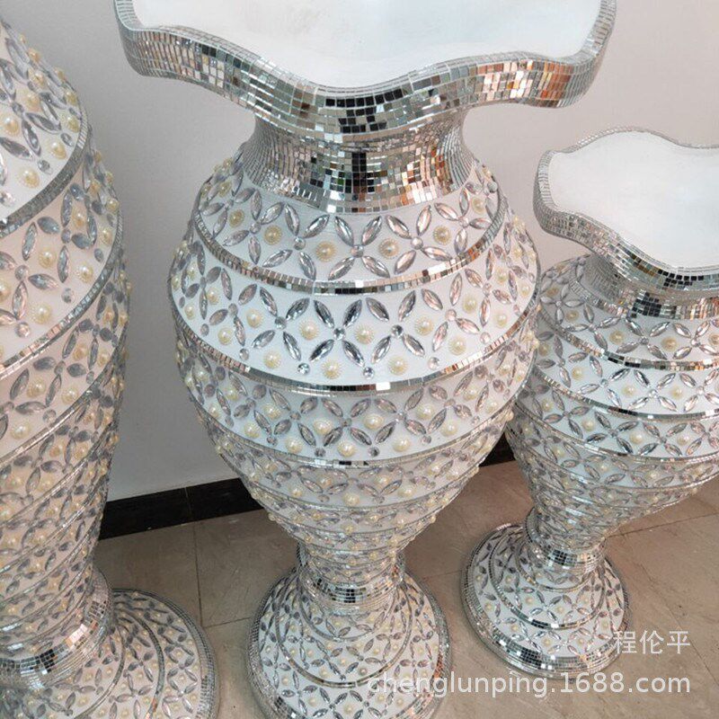 欧式玻璃钢玻璃贴珠花盆商场酒店插花花器装饰摆件创意落地大花瓶