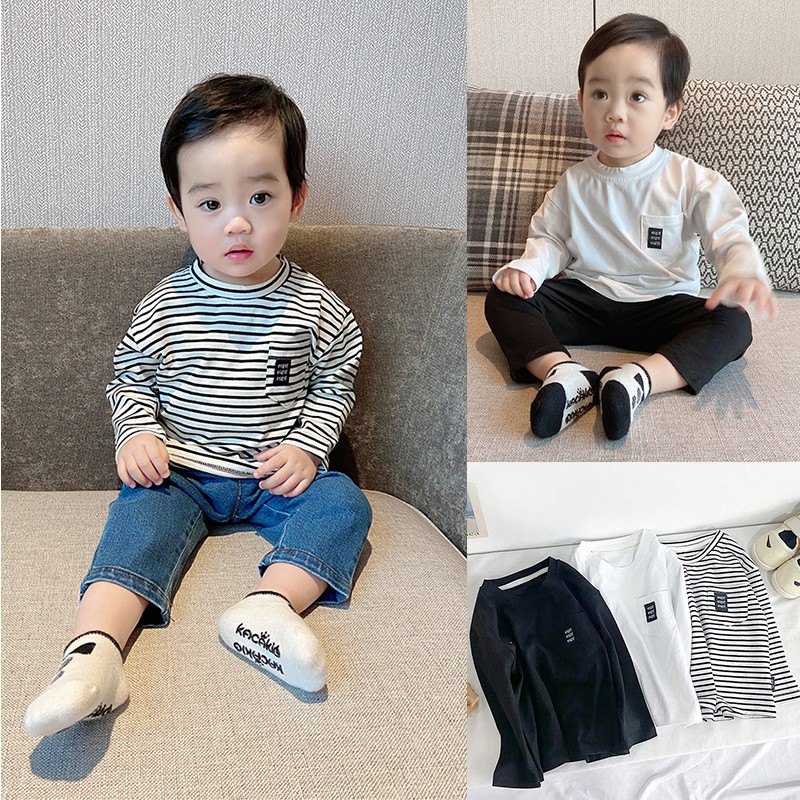 儿童条纹t恤韩版洋气男童长袖春装宝宝纯色L上衣内搭春秋打底衫T