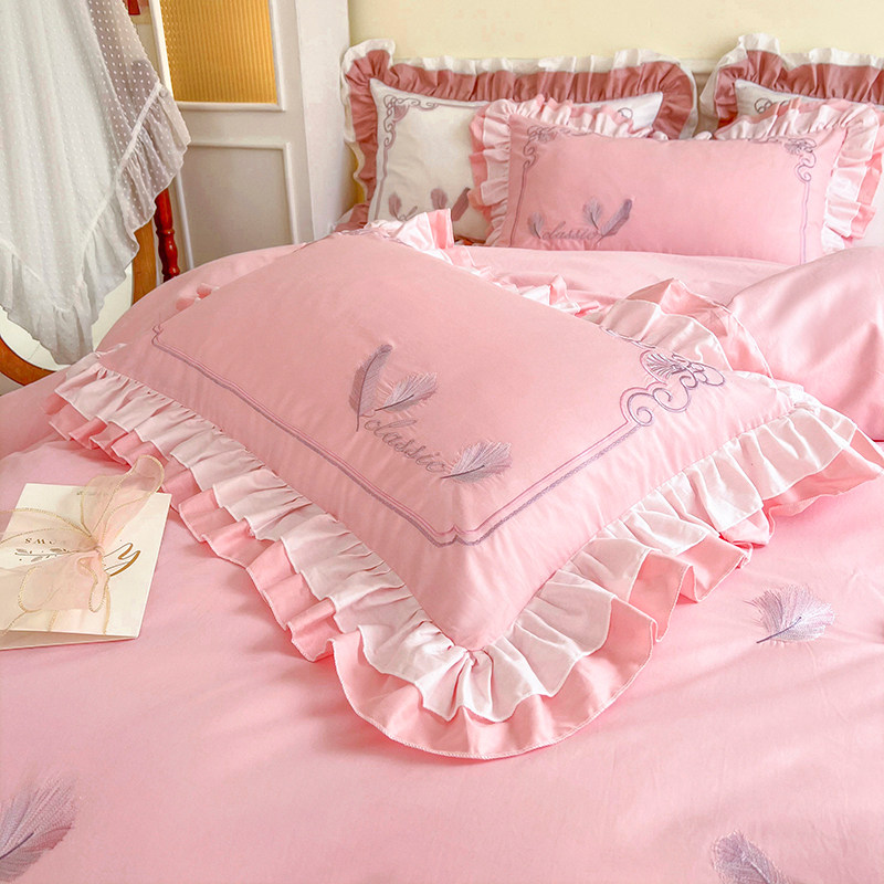 公主风全棉枕套羽毛刺绣单人成人家用纯棉荷叶花U边枕芯套一对装,床上用品,枕套,淘宝优惠券,粉丝福利购,淘宝优惠卷