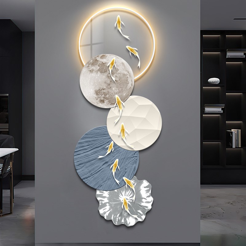 九鱼图入户玄关装饰画带灯现代轻奢D高档客厅走廊过道尽头挂画壁