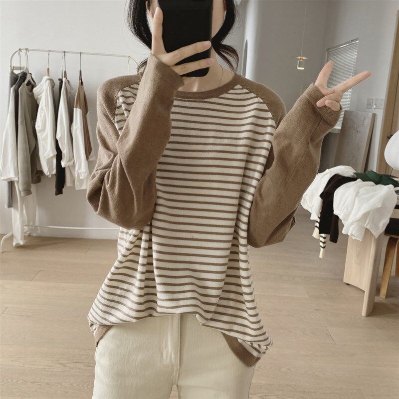 插肩袖针织衫女春秋季p新款宽松显瘦减龄条纹套头打底衫小清新上