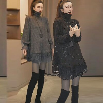 韩系黑色蕾丝g花边拼接亮闪闪上衣大码别致独特超好看高领打底衫