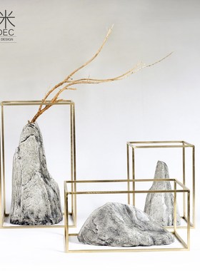 现代新中式禅意陶瓷山金属框摆件软装样板房客厅玄关酒柜书柜装饰