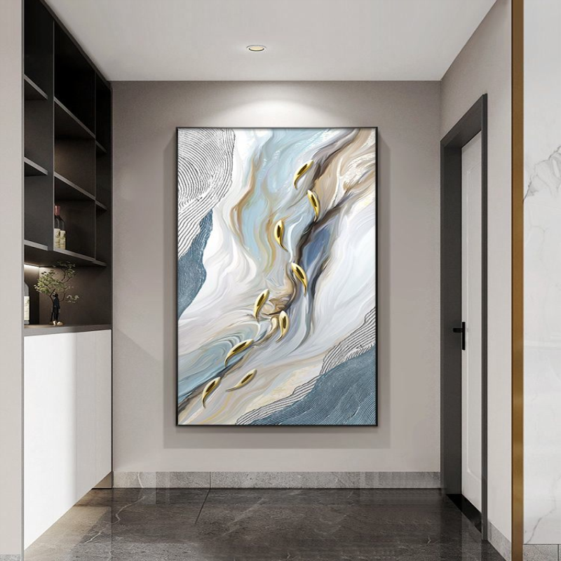 九鱼图入户玄关装饰画抽象高级客厅挂画轻奢肌理感过道背景墙壁画
