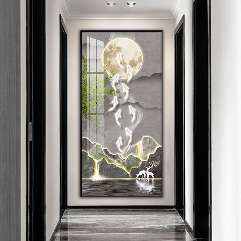 简约玄关入户门壁画装饰画轻奢走廊对面现代过道画感高级九鱼墙面图片