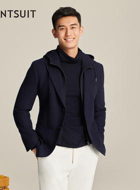 WANTSUIT绵羊毛可拆卸藏青色连帽单西外套西装商务正装两穿男士潮