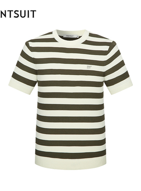 WANTSUIT秋冬新款条纹圆领短袖海魂衫男士上衣情侣T恤小领口经典