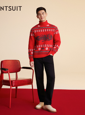 【新年限定】WANTSUIT美利诺羊毛红色高领针织衫本命年春节提花男