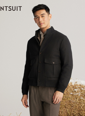 【美利奴羊毛】WANTSUIT彩点花纱深灰立领茄克衫商务口袋行政夹克