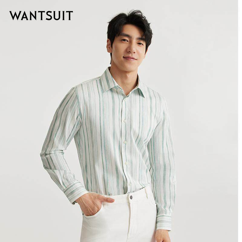 WANTSUIT绿色条纹正装长袖衬衫上衣商务休闲秋冬棉男士正式绅士