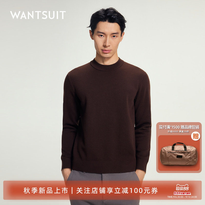 WANTSUIT男士新款咖色圆领羊毛衫