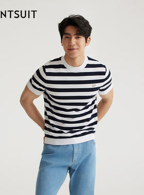 【总裁同款】WANTSUIT秋冬条纹撞色蓝海魂衫圆领T恤上衣海军风潮