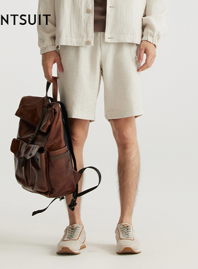 WANTSUIT秋冬商务米色棉麻短裤下装正式休闲舒适男士松弛老钱风宽