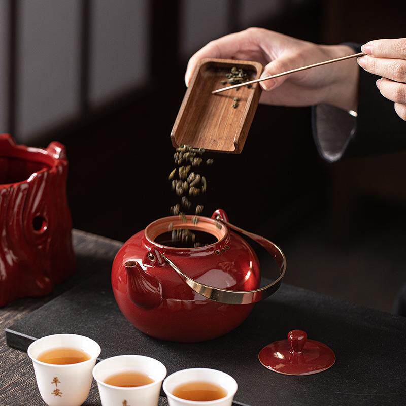 瓷富贵红明色提梁陶煮茶壶炉家用火酒精炉户外VBA露营围炉煮茶套