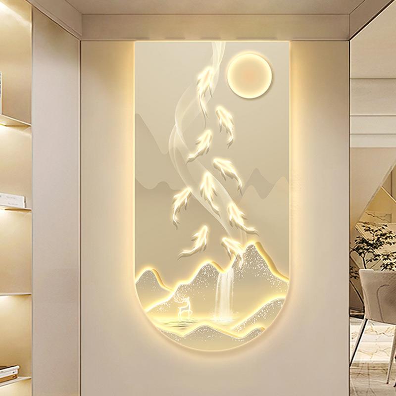 现代轻风奢APP鱼图过玄关装饰画入九户门走廊道山水挂画客厅led壁