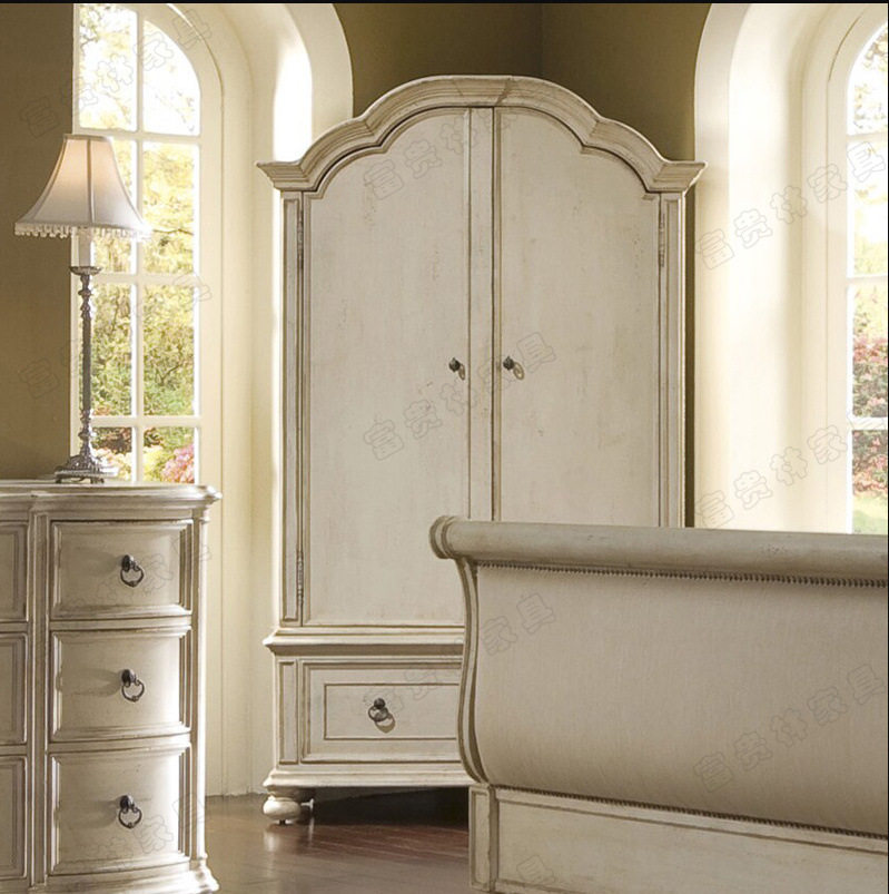 美式实木双门衣柜卧室储物柜欧式复古白色做旧收纳衣橱两门衣柜