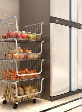 04不锈钢厨房果置FTP物架落地3多层家用储物收纳筐放水蔬菜置物品