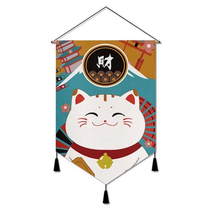 .日式招财猫装饰画和风挂画料理店墙画客厅背景墙壁画布艺无框画图片