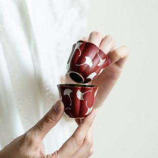 拓土主人杯单杯女品茗杯单个陶瓷杯大号粗陶粉引银杏叶八瓣花朵杯