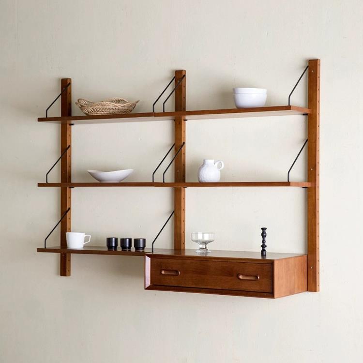 日式书房茶室书架置物架实木隔板架客厅墙上装饰架复古展示架壁挂