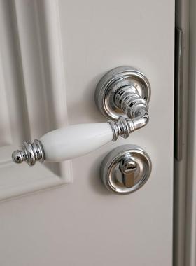 INDOORS法式中古风黄铜陶瓷房门把手静音家用银白色锁具通道门锁