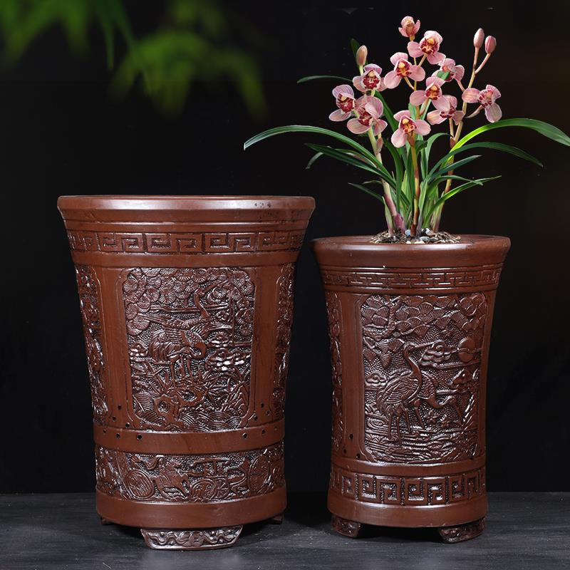 中国风紫砂兰花盆彷古浮雕花卉绿植陶瓷花盆金钱树盆景特大号花盆