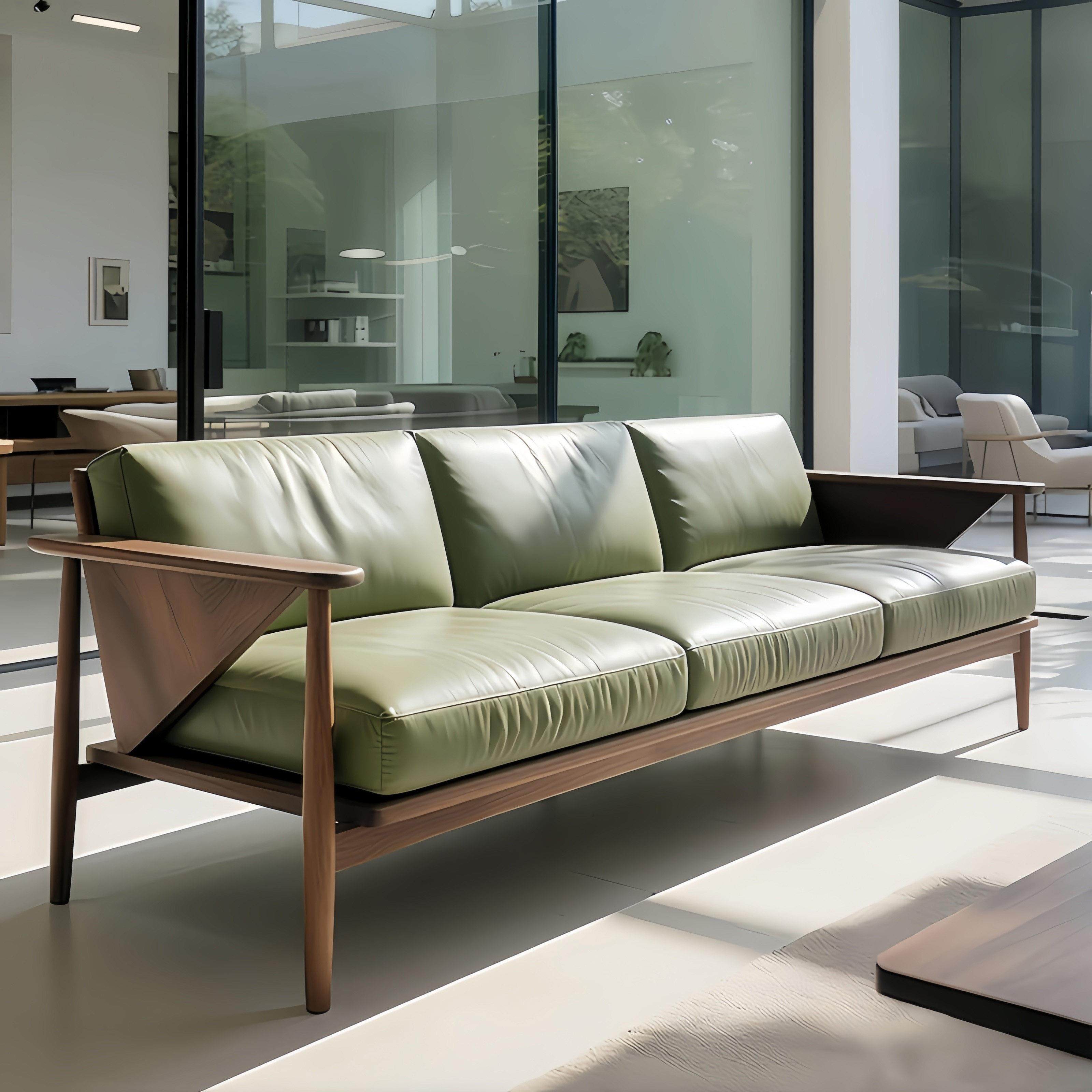 新中式实木沙发组合简约现代轻奢皮艺客厅别墅长直排沙发定制整套