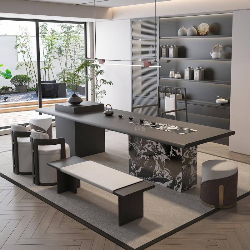 新中式茶桌椅组合意式岩板茶台现代轻奢茶室办公室茶几简约泡茶桌