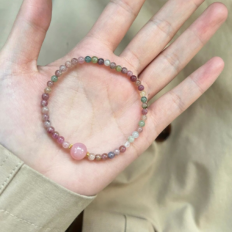 粉色碧玺水晶串珠手链小众手工