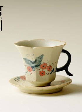 束刻 青花火石茶杯杯托两件套高档手绘蝴蝶粗陶主人杯喝茶品茗杯